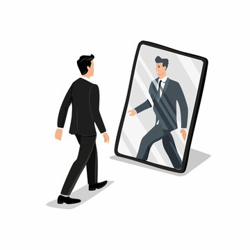 Black and white man walking into his own mirror reflection but reflection turns away, parado