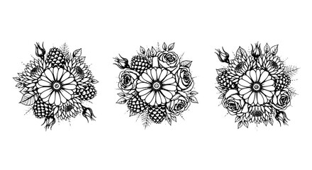 Obraz premium Flowers intricate hand-drawn set with detailed floral designs and ornate patterns featuring nature, art, illustration with black and white and doodle