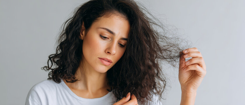 Woman curly hair damaged hair split end hair breakage dry hair hair care beauty young adult woman worried expression Woman with curly damaged hair