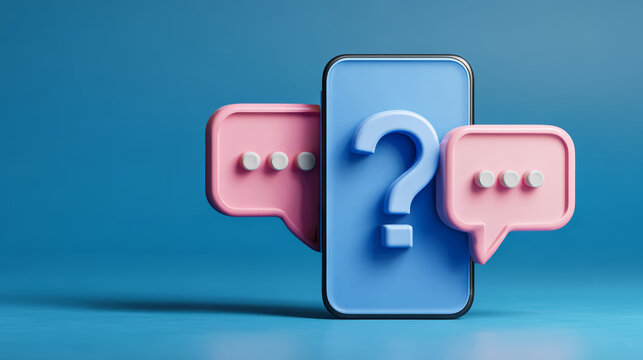 Mobile phone chat bubble online message customer support digital communication question mark blue background social media modern technology