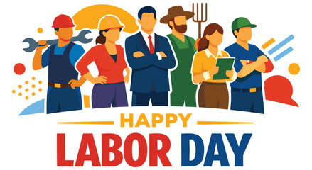 Obraz premium Bright and colorful labor day design with flat vector characters from different industries. Workers holding tools of their trade with bold text. Celebration of global workforce and employees.