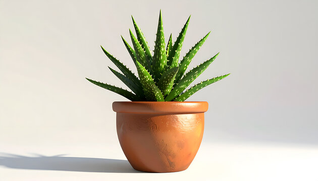A vibrant aloe vera plant is showcased in a rustic terracotta pot against a neutral backdrop.