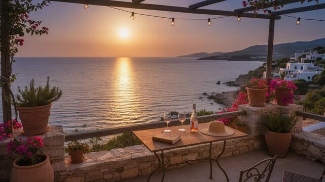 Romantic seaside terrace at sunset with table setting, flowers, and panoramic ocean view under warm golden light.