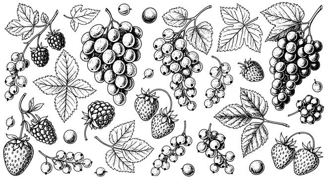 Berries and leaves hand drawn pattern with scattered strawberries, grapes, raspberries, and maple foliage for seamless background