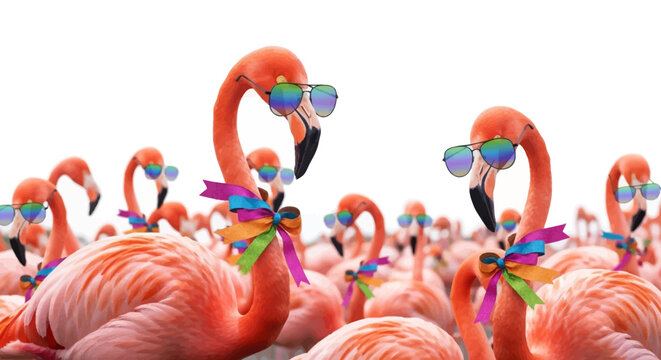 A large flock of pink flamingos wearing colorful sunglasses and festive ribbons around their necks, standing against a bright white background.
