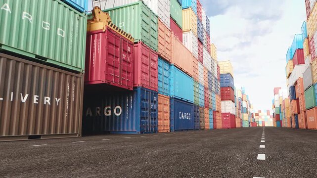 Unloading and opening cargo shipping container in alogistic warehouse of port, 3d animation