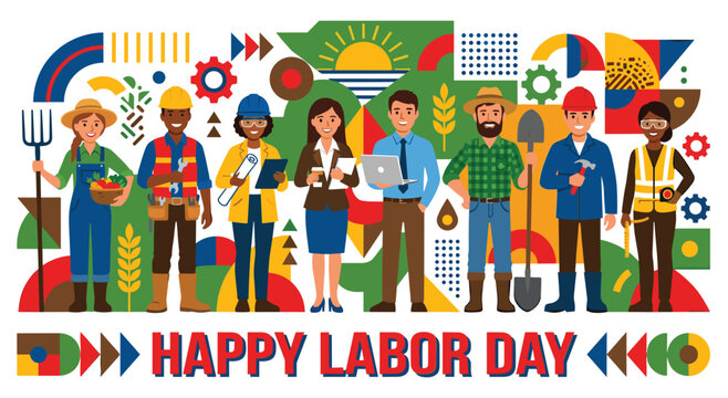 Diverse group of workers from different professions celebrating labor day. Illustration showing community unity and appreciation for all jobs. Festive design with bright colors.
