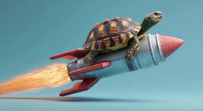 Surreal Image of a Tortoise Riding a Rocket Ship at High Speed.