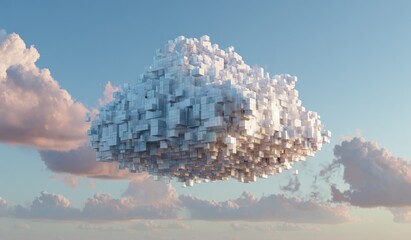 Naklejka premium A surreal digital artwork depicts a cloud constructed from countless small cubes against a backdrop of soft, pastel-colored clouds and a clear blue sky.
