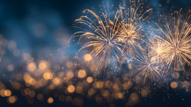 Fireworks exploding in night sky with bokeh lights