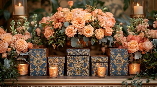 Wedding favor display with elegant date boxes embossed with gold patterns placed beside fresh roses candles and intricate Middle Eastern fabrics