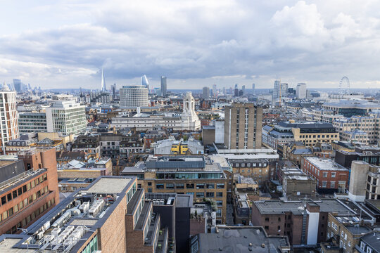 Aerial view of London city skyline on an overcast day