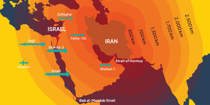 Background of Iran's long-range missile and drone range. Iran and Israel map