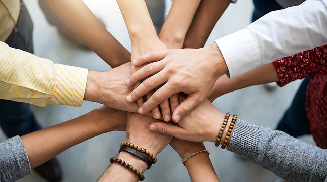 Diverse group of people stacking hands together in a symbol of unity and teamwork.