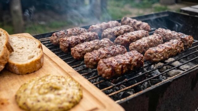 Juicy grilled meatballs cooking on a barbecue grill with slices of bread, capturing the essence of outdoor cooking and traditional savory comfort cuisine.