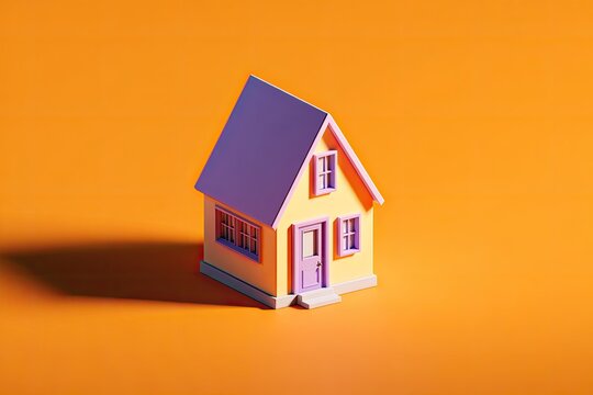 A vibrant, stylized miniature house sits prominently against a warm orange background, creating a playful and modern aesthetic.