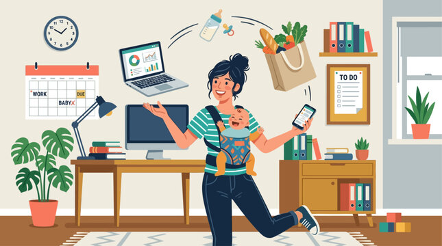 This dynamic flat design vector illustration humorously yet accurately depicts a multitasking mom expertly juggling work, childcare, and household duties with a smile. 