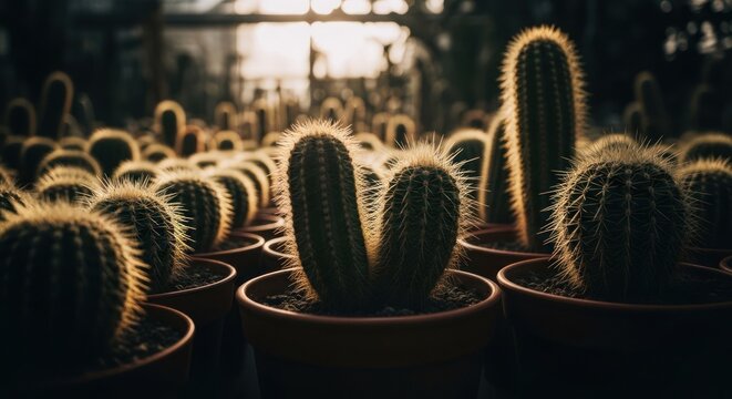 Cactus Garden A Serene Collection of Desert Plants in Pots.