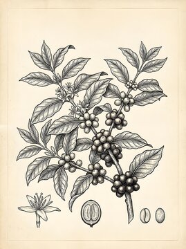 Detailed vintage botanical illustration showcases a coffee plant's life cycle, featuring lush leaves, delicate flowers, and clusters of maturing coffee cherries in various shades.