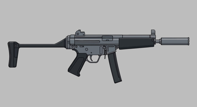 Submachine gun MP5 with silencer black tactical pistol with stock compact firearm in vector style gray weapon for swat