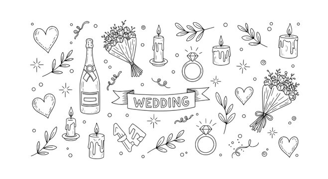 Wedding doodle set with hearts, candles, flowers, and rings featuring bouquet, champagne, celebration with love and marriage elements for romantic,
