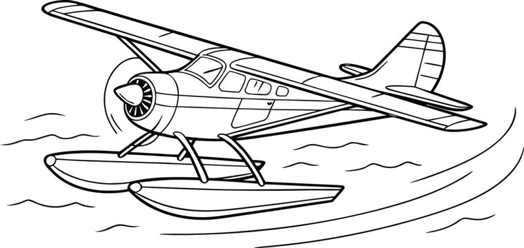 A black and white illustration of a vintage seaplane flying low over water with pontoons