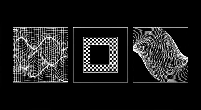 Waveform hologram grid panels with checkered square emblem and wireframe ripple patterns on dark background