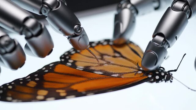 Robotic hands gently touching a monarch butterfly, symbolizing the intersection of technology and nature