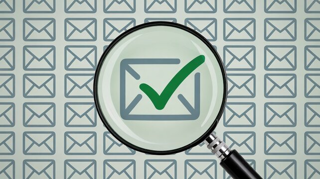 Email, confirmation, magnifying glass, checkmark, verified inbox, email verification, secure message