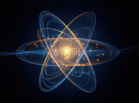 A vibrant, abstract representation of an atom glows against a deep blue background, showcasing intricate orbital paths and a central nucleus.