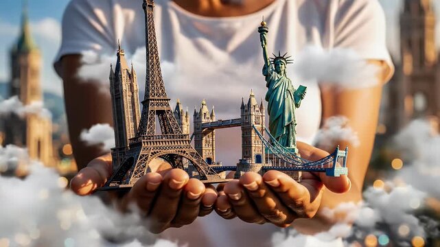 A person gently cradles miniature iconic landmarks including the Eiffel Tower, Tower Bridge, and Statue of Liberty, symbolizing global travel and cultural heritage.