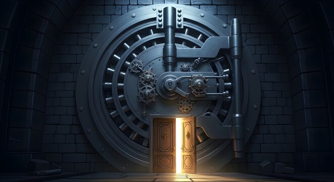 A large metal vault door is slightly ajar, revealing a sliver of light inside a dimly lit room.
