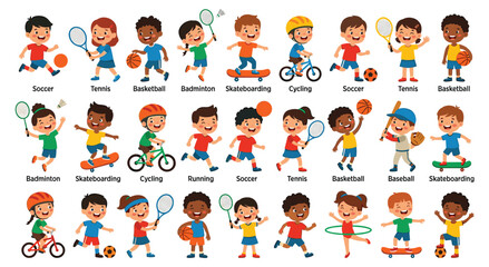 Diverse children engaging in soccer basketball tennis and cycling, outdoor summer recreation games, active healthy lifestyle for youth, sports equipment and athletic poses, fun school exercise.