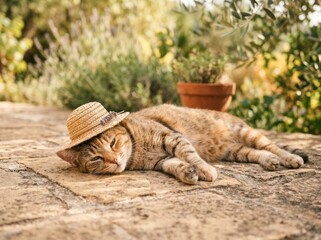 Obraz premium Whimsical Feline Napping Outdoors Under Summertime Sun Wearing a Charming Miniature Hat Amidst Lush Garden Flora Capturing a Serene and Playful Pet Moment