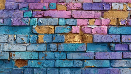 Fototapeta premium Vibrant multicolored brick wall with textured painted surfaces in urban street art scene