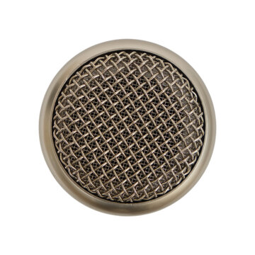 Metal microphone grille isolated on transparent background. Close up view of audio equipment head. Professional studio recording accessory for broadcasting, podcast, music production performance.