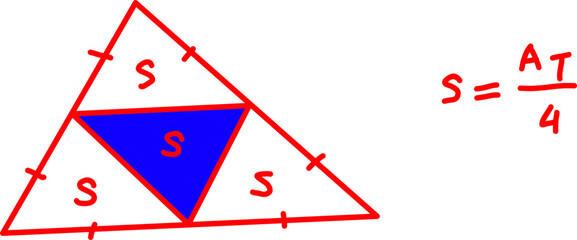 Geometric triangle area theorem illustration with central blue triangle inside larger red triangle. Math diagram showing equal sections and area formula concept. © Akmalmm 