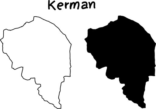 Black and white Kerman province map silhouette set. Outline and solid icon of Iranian regional shape, clean geographic vector template isolated on gray background.