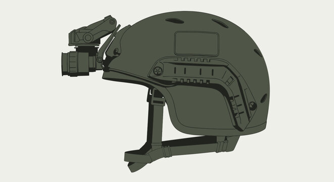 Tactical helmet with night vision goggles illustration in dark olive green; detailed military headgear vector graphic for security equipment