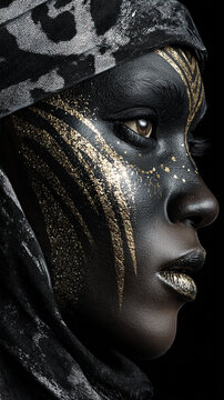 Black and gold face paint portrait with patterned headwrap