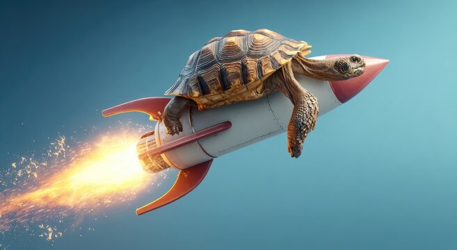 Turtle Riding a Rocket Ship Accelerating Through Space.
