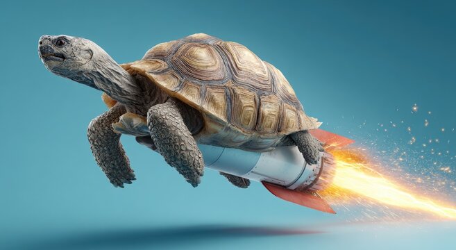 Speedy Tortoise with Rocket Propulsion Accelerating Through Blue Sky.