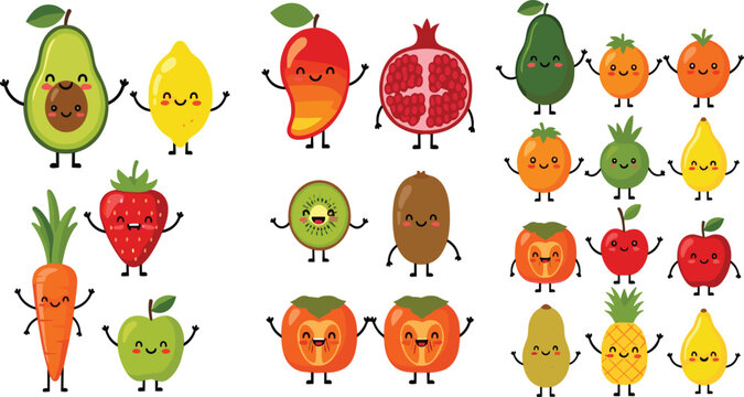 Cute Kawaii Fruit and Vegetable Characters Vector Set Featuring Happy Avocado Mango Pomegranate Strawberry Pineapple Apple Kiwi Lemon and Carrot Icons for Kids Design