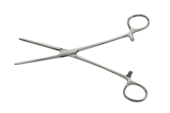 Surgical hemostat tool isolated on transparent background. Metal medical forceps for surgery, wound cleaning and medical procedure. Professional hospital instrument for health care clinic.