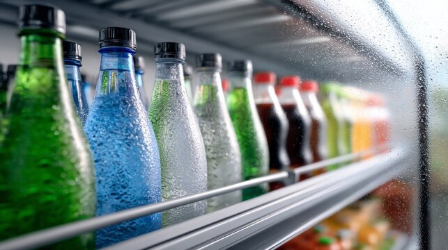 Rows of vibrant, chilled beverages with condensation on bottles and glass door, highlighting refreshment and variety in a store