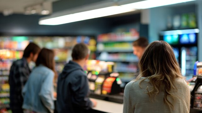 Shoppers standing at a counter inside a brightly lit convenience store, queuing for service or making a purchase