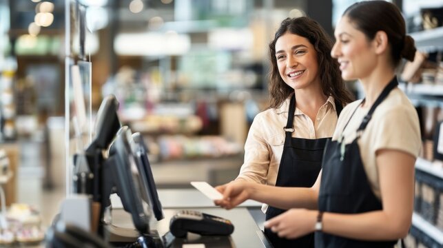 Happy retail workers providing excellent customer service, processing a card payment at a modern point of sale system