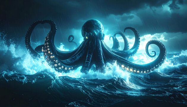 Massive Kraken Emerges From Stormy Ocean Waters With Glistening Tentacles