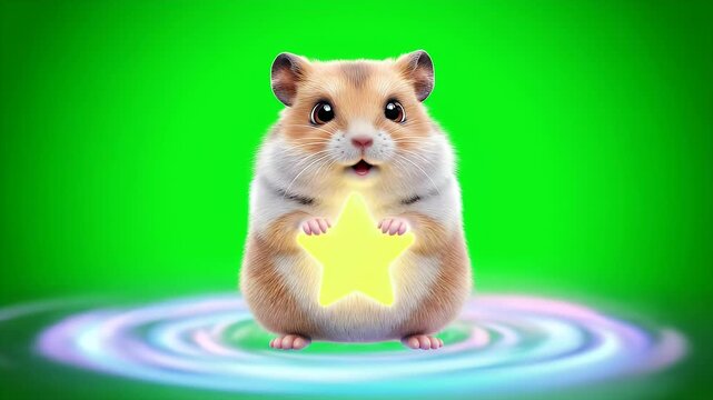 Adorable Golden Hamster Holding a Glowing Yellow Star with Sparkling Details Against a Vibrant Green Screen Background Surrounded