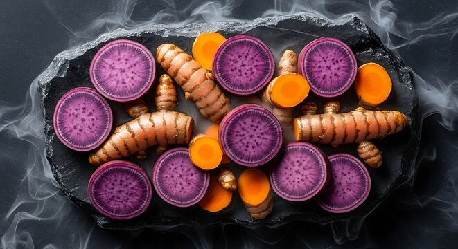 Purple sweet potato and turmeric root slices arranged on a dark stone platter with dramatic steam wisps in a high resolution commercial photograph